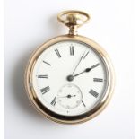 An Illinois and Co. gold plated open face crown wind pocket watch, the white enamel dial having