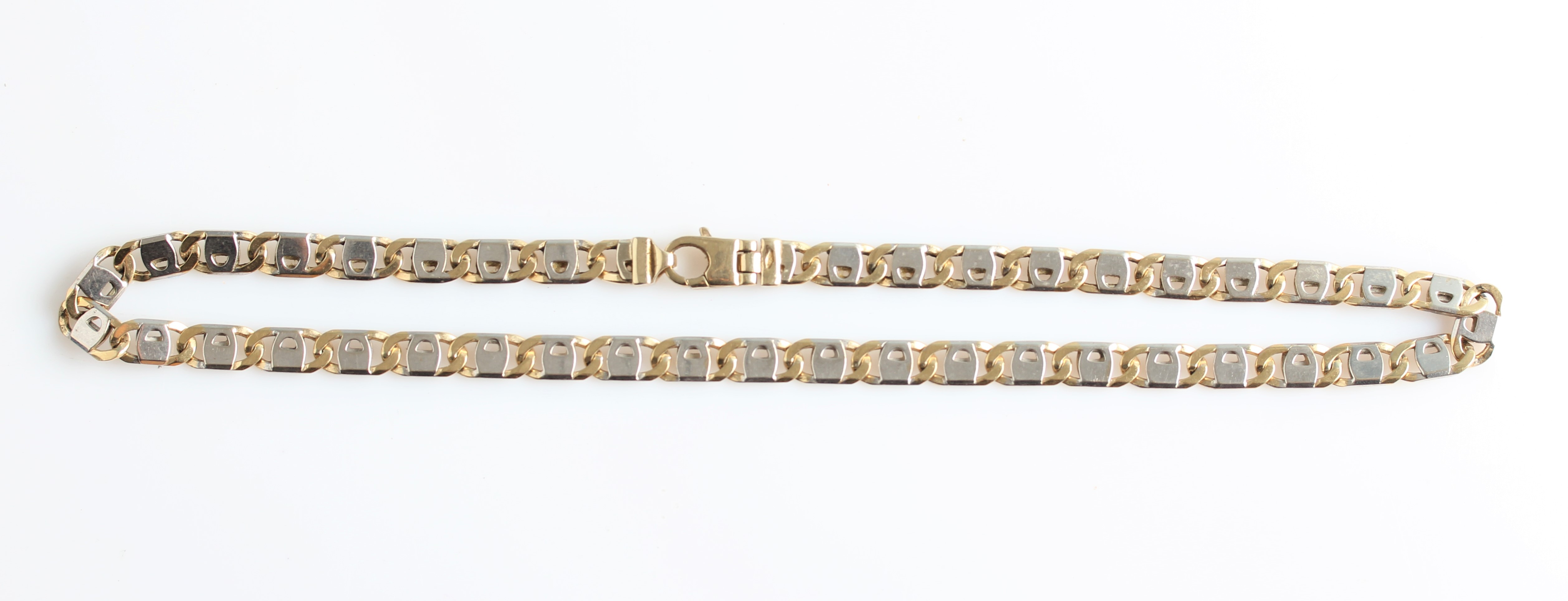 A hallmarked 9ct bi-coloured fancy link chain, length approx. 40cm.