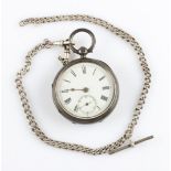 A Victorian silver fusee movement open face pocket watch, the white enamel dial having hourly