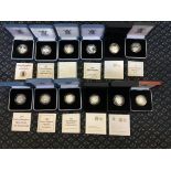 12 coins in boxes to include 10 Royal Mint Silver Proof 1 pound coins dated 1989-2009, one Royal
