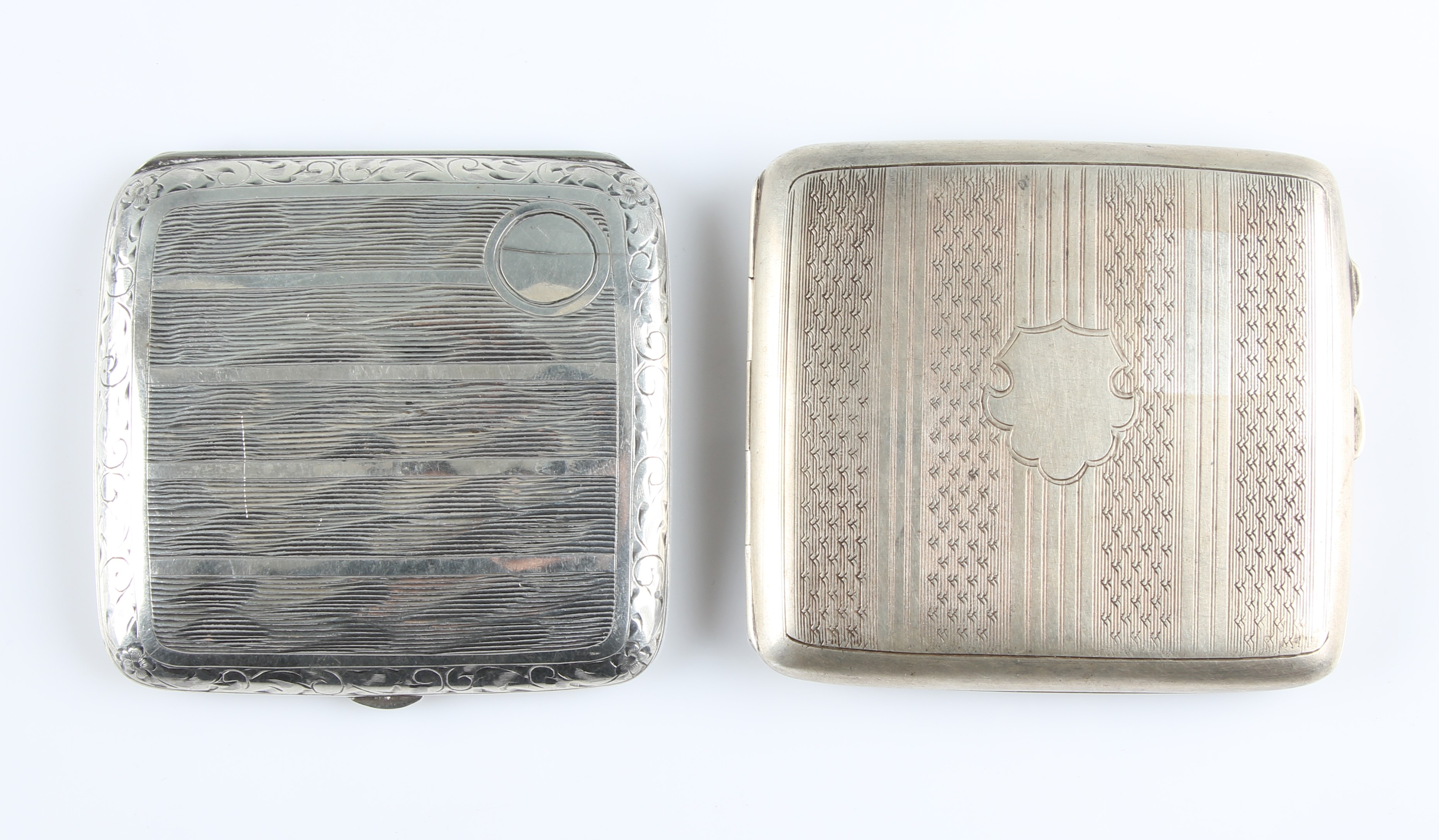 A hallmarked silver cigarette case, featuring machined engraving to back and front, together with