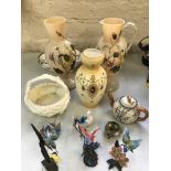 A selection of items to include porcelain birds on bronze bases, large water jug, oriental jug