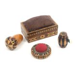 Tunbridge ware - sewing - four pieces comprising an acorn form thimble case with stick ware cover,