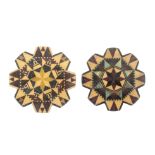 Two Tunbridge stick ware thread winders of geometric design and circular form, 4.5 and 4.7cm dia (