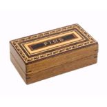 A Tunbridge ware rectangular pin box, the lid titled 'Pins' within plain and mosaic borders, 6cm