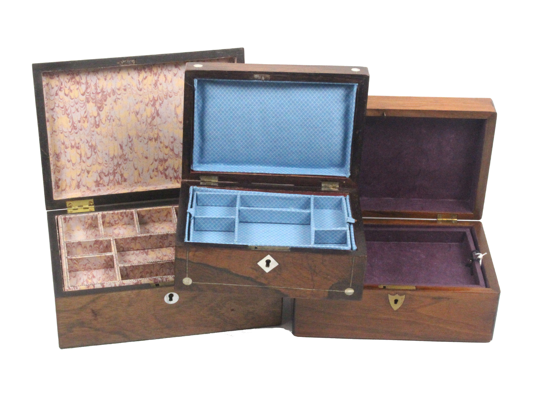 Three Victorian sewing boxes comprising a rosewood rectangular example with pewter lines and - Bild 2 aus 2