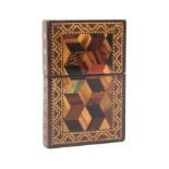 A Tunbridge ware rectangular card case with pull off cover one side in cube work, the other in acorn
