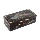 An unusual Japanese black lacquer and pearl inlaid netting box, circa 1830, the lid with a view of a