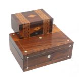 Two Victorian sewing boxes comprising a rosewood rectangular example with pewter lines and mother of
