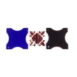 Three scarce glass thread winders comprising a pair one blue, one red, of square form with inward