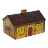 A rare painted Tunbridge ware cottage sewing box of single storey form, one long side painted with a