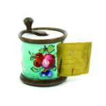 A good English enamel late 18th Century cylinder tape measure the blue ground decorated with