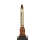 A Tunbridge ware rosewood obelisque form thermometer the stepped base with geometric and floral