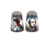 Two silver and enamel thimbles by Peter Swingler comprising one with oval portrait panel and a