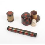 Tartan ware - sewing - three pieces comprising a cylinder needle case (M'Duff), a witch's hat