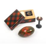 Tartan ware - sewing - three pieces comprising a rectangular box (untitled) containing thimble and