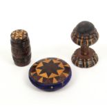 Tunbridge ware - sewing - three pieces all in stick ware comprising a disc form pin cushion, 4cm