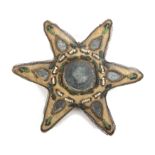 An early 19th Century sailor's sweetheart pin cushion of star form set with mirrors, wire work