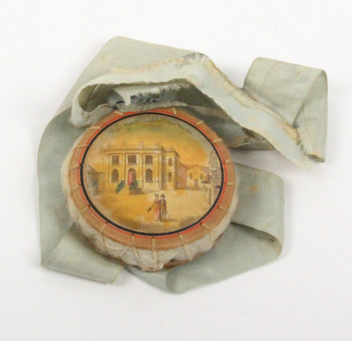 A rare early Tunbridge ware circular pin cushion one side with a colour print titled 'Parade - Image 2 of 2
