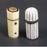 Two early 19th Century scent bottle or similar containers comprising an enamel cylinder example with