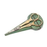 An 18th Century shagreen scissor case with a pair of two colour gold mounted scissors, the green