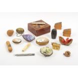 A mixed lot - sewing - comprising two Mauchline ware thimble cases, a similar needle case, boxwood