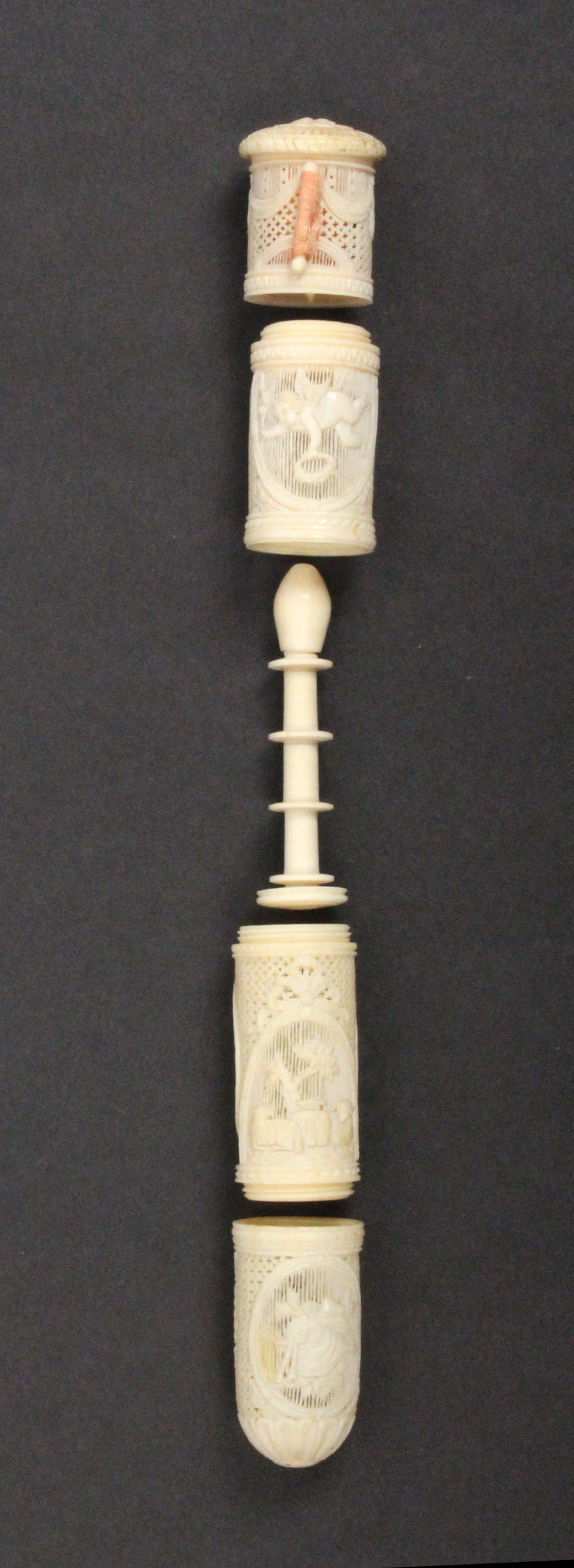 A fine early 19th Century French ivory sewing companion of cylinder form, the whole elaborately - Bild 2 aus 2