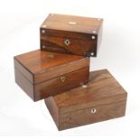 Three Victorian sewing boxes comprising a rosewood rectangular example with pewter lines and