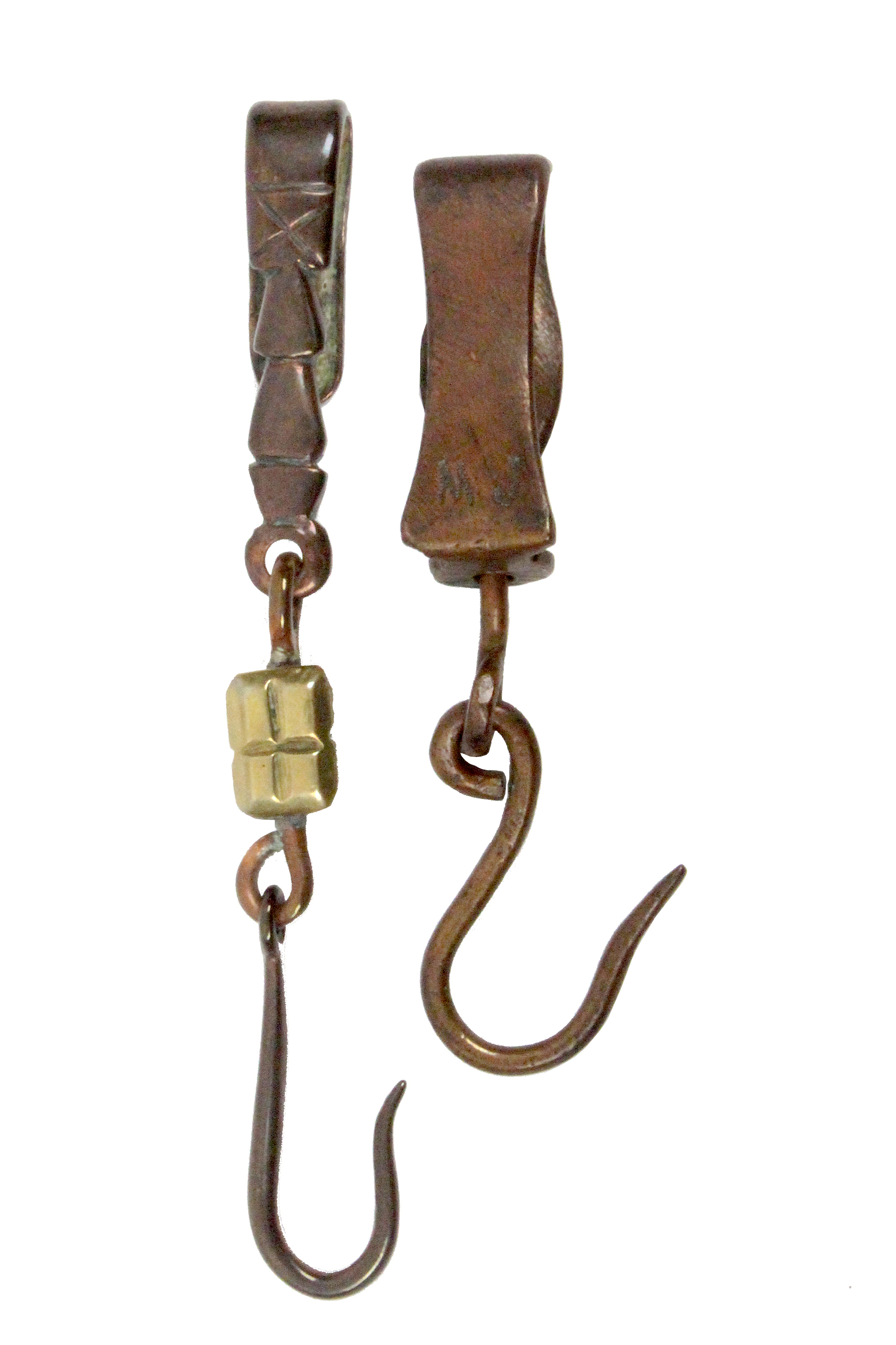 Two scarce wool ball hooks comprising a copper example with initials 'MJ', 8.5cm, the other in