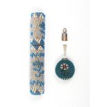 A beadwork needle case and a scent bottle, the needle case in geometric coloured beadwork