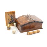 A mixed lot - sewing - comprising a Japanese parquetry work sewing pannier with engraved metal