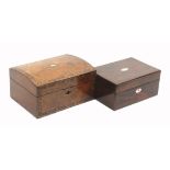 Two Victorian sewing boxes comprising a burr walnut example with geometric inlaid borders, lid