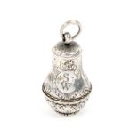 An 18th Century English silver small spice box or pomander of pear-shaped form with a scroll