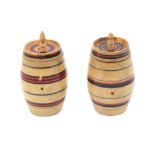Two painted Tunbridge ware cotton barrels with red and black ring turned decoration, each 4.2cm high