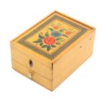 An early painted Tunbridge ware whitewood sewing box of rectangular form, the sliding lid brightly