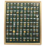 Buttons - a framed display of 100 hunt buttons, gilt and brass, all titled in frame, most 19th