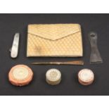 A mixed lot - sewing - comprising a ribbon threader stamped 'Stirling', 7cm, a mother of pearl