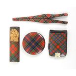 Tartan ware - four pieces - comprising a crochet set case of oval section (applied print), 9cm, a