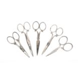 Five pairs of 19th Century attractive steel scissors including a lace makers pair and a pair stamped