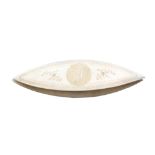 An early 19th Century Chinese engraved mother of pearl shuttle, initialled in a circle 'JW' within