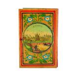 A good early painted Tunbridge ware whitewood needle book, the cover with a titled circular colour