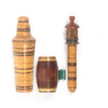 Three pieces of early Tunbridge ware comprising a ring painted tapering form scent bottle holder