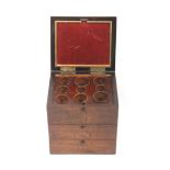 An unusual rosewood sewing or reel box, circa 1840, probably a travelling salesman sample box, of