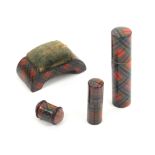 Tartan ware - sewing - four pieces comprising a cylinder crochet case (untitled) interior with six