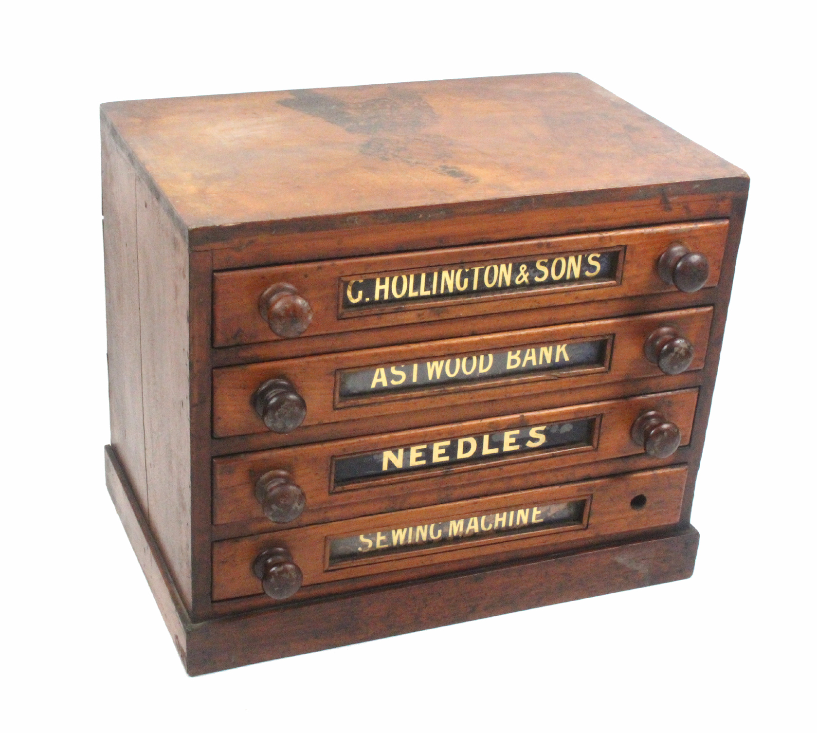 A Victorian mahogany needle chest for counter display, fitted four drawers each with inset blue