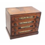 A Victorian mahogany needle chest for counter display, fitted four drawers each with inset blue