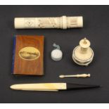 A mixed lot - sewing - comprising a Mauchline ware needle book (photographic - Rhyl), 9 x 5.5cm, a