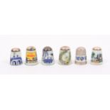 Six silver and enamel thimbles by James Swann and Son, comprising two chinoiserie style examples,