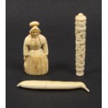 Three 19th Century ivory needle cases comprising a pea pod example, 7.5cm, a French figural