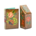 A Spa work needle packet box and a needle book, the slant top needle box with floral painted